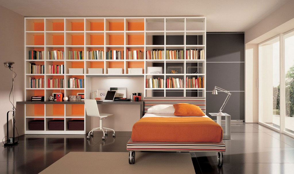 Movable Bed Modern Twin Movable Bed Furniture And Modern White Computer Chair Also Angle Poise Table Lamp Feat Cute Library Architecture Design Architecture Fetching Home Library For Private Collection