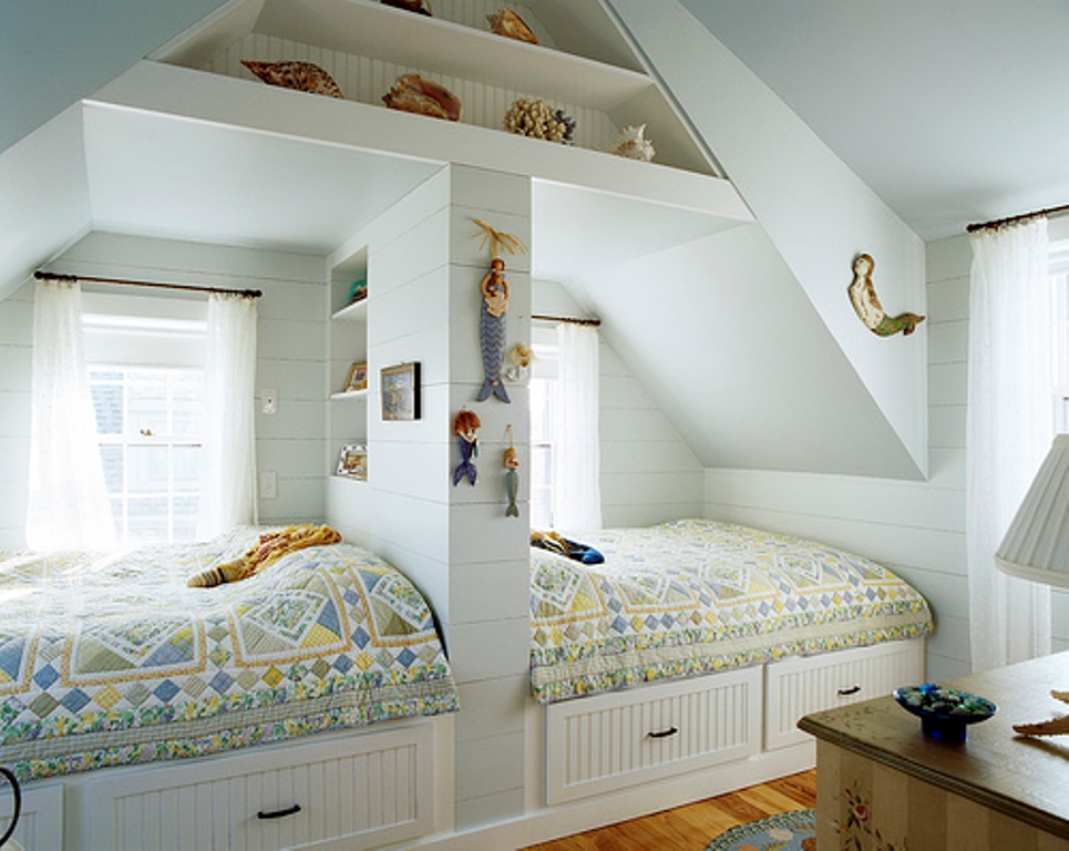 Bedroom In Design Twins Bedroom In The Attic Design With Wooden Floor Built In White Cabinets Under The Beds And Windows With White Curtain For Twin Bedroom Ideas Bedroom Trendy Twin Bedroom Ideas With Soft Hues And Modern Arrangement