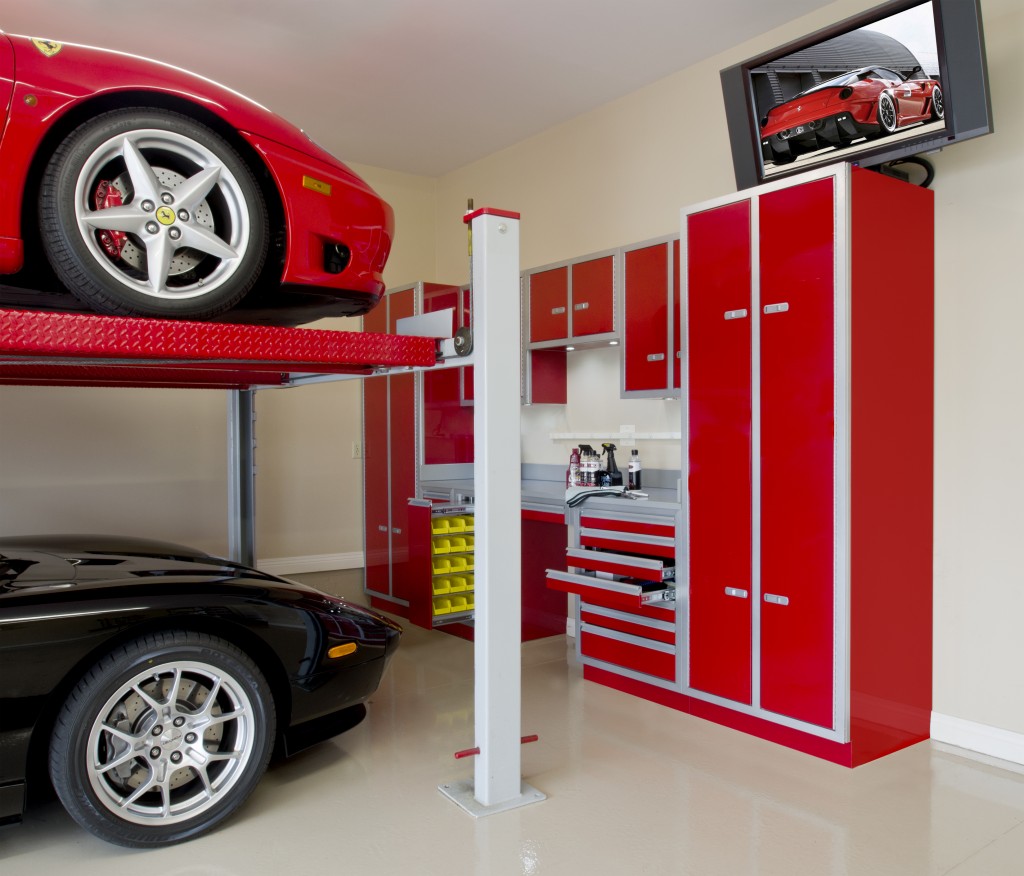 Tier Parking Feat Two Tier Parking Cars Idea Feat Fabulous Garage Storage Cabinet With Red Painting Plus Wall Mounted Tv Bedroom  Fabulous Ideas Present Fabulous Garage Storage 