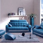 Modern Blue And Ultra Modern Blue Leather Sofa And Curved Footstool Idea Plus Floating Shelf Design Also Cozy Rectangle Shag Rug Furniture  Going Easy To Relax On A Blue Leather Sofa 