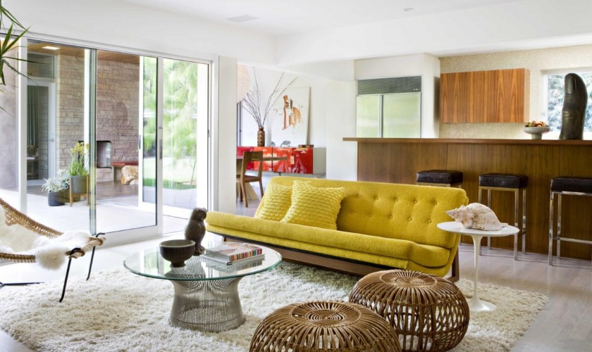 Bamboo Bench Coffee Unique Bamboo Bench Plus Glass Coffee Table Modish Yellow Sofa On Fur Rug Present Modern Mid Century Living Area  Interior Design  Resurrecting Mid-century Vibe In Modern Look For Impressive Interior Plan 