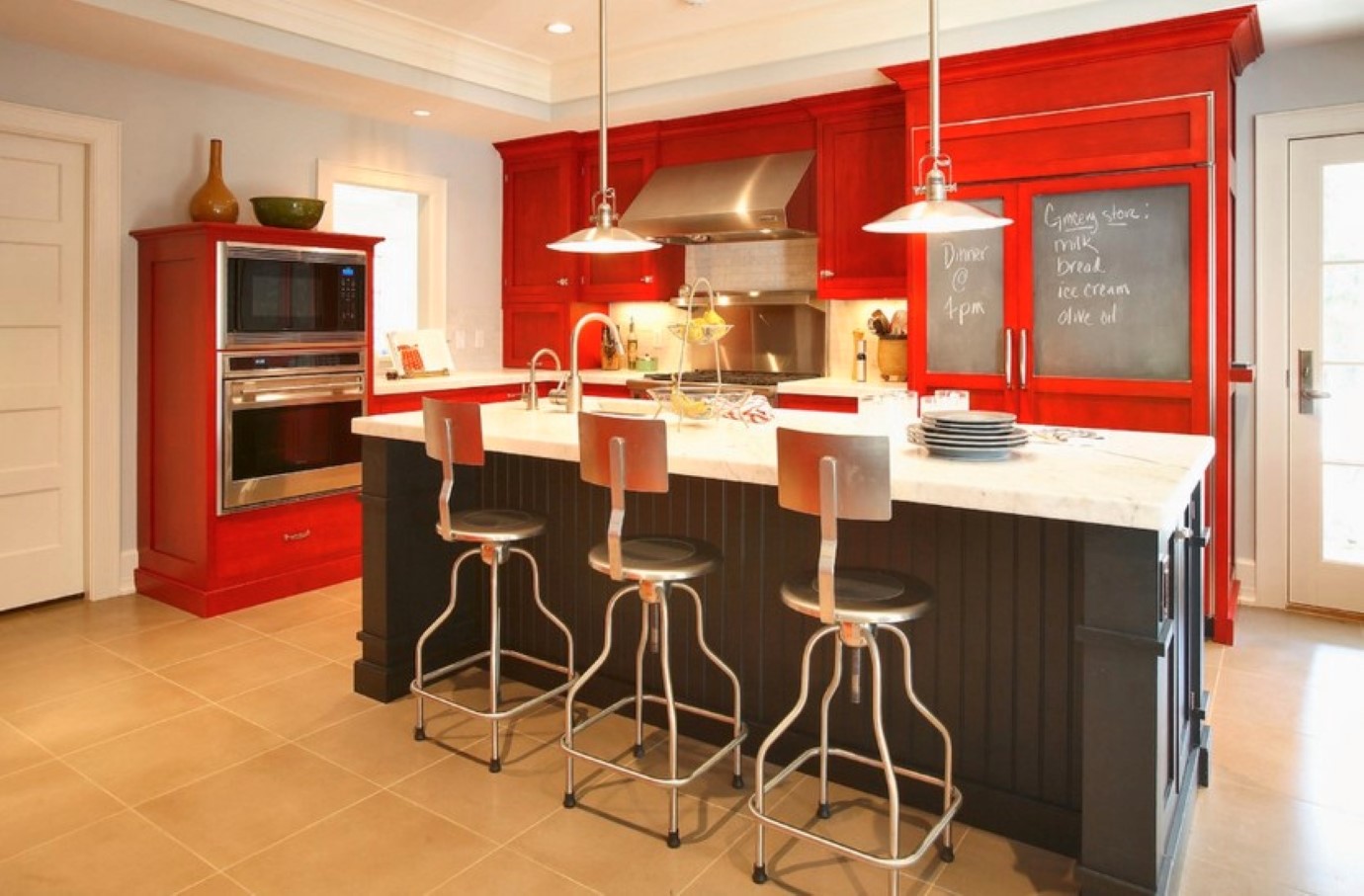 Barstools Design Red Unique Barstools Design Feat Cool Red Kitchen Cabinets And Chalkboard Refrigerator Door Idea Kitchen  Create Incredible Kitchen With Red Kitchen Cabinet 