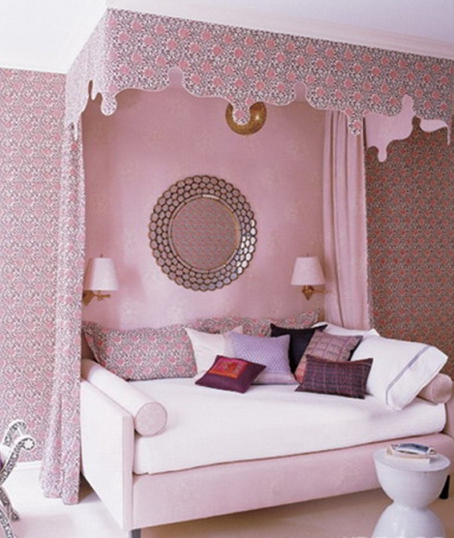 Canopy Bed Round Unique Canopy Bed Design And Round Decorative Mirror Also Couple Wall Sconces Feat Cute Girl Bedroom Idea Bedroom Chic Minimalist Girl Bedrooms That Blend Impressive With Practicality