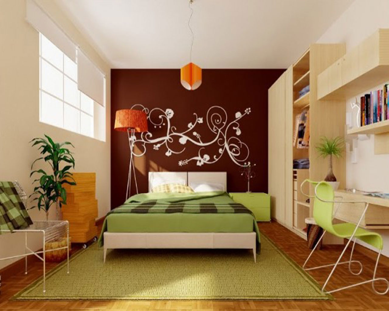 Desk Chair Pattern Unique Desk Chair Or Bamboo Pattern Pendant Lamp Feat Green Area Rug And Awesome Wall Decal In Tiny Bedroom Idea Bedroom Beautiful Tiny Bedroom Ideas For Maximizing Style