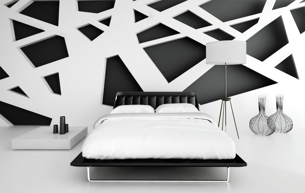Wall Design And Unique Wall Design For Black And White Bedroom With Floor Lamp Beside Bed On Floor Bedroom Black And White Bedroom Design For Welcoming Nuance