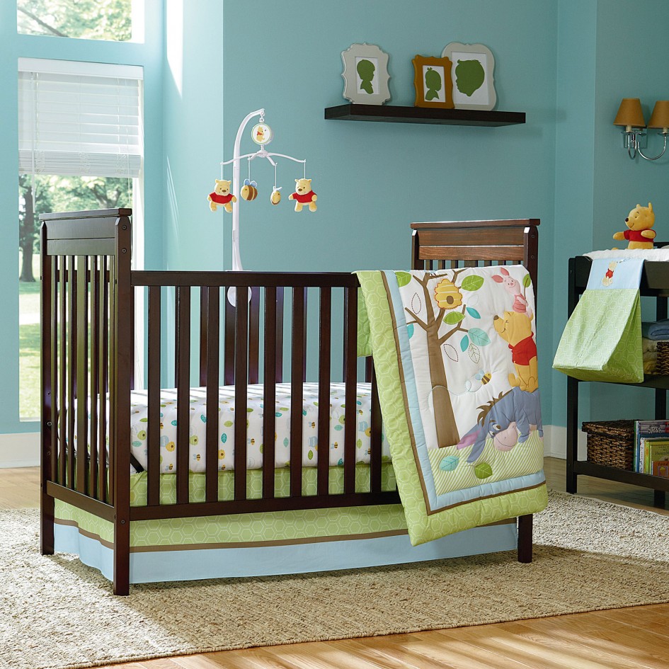 Brown Wooden With Unpretentious Brown Wooden Furniture Feats With Light Blue Wall And Winnie The Pooh Baby Boy Nursery Theme Kids Room Some Inspiring Baby Boy Nursery Themes