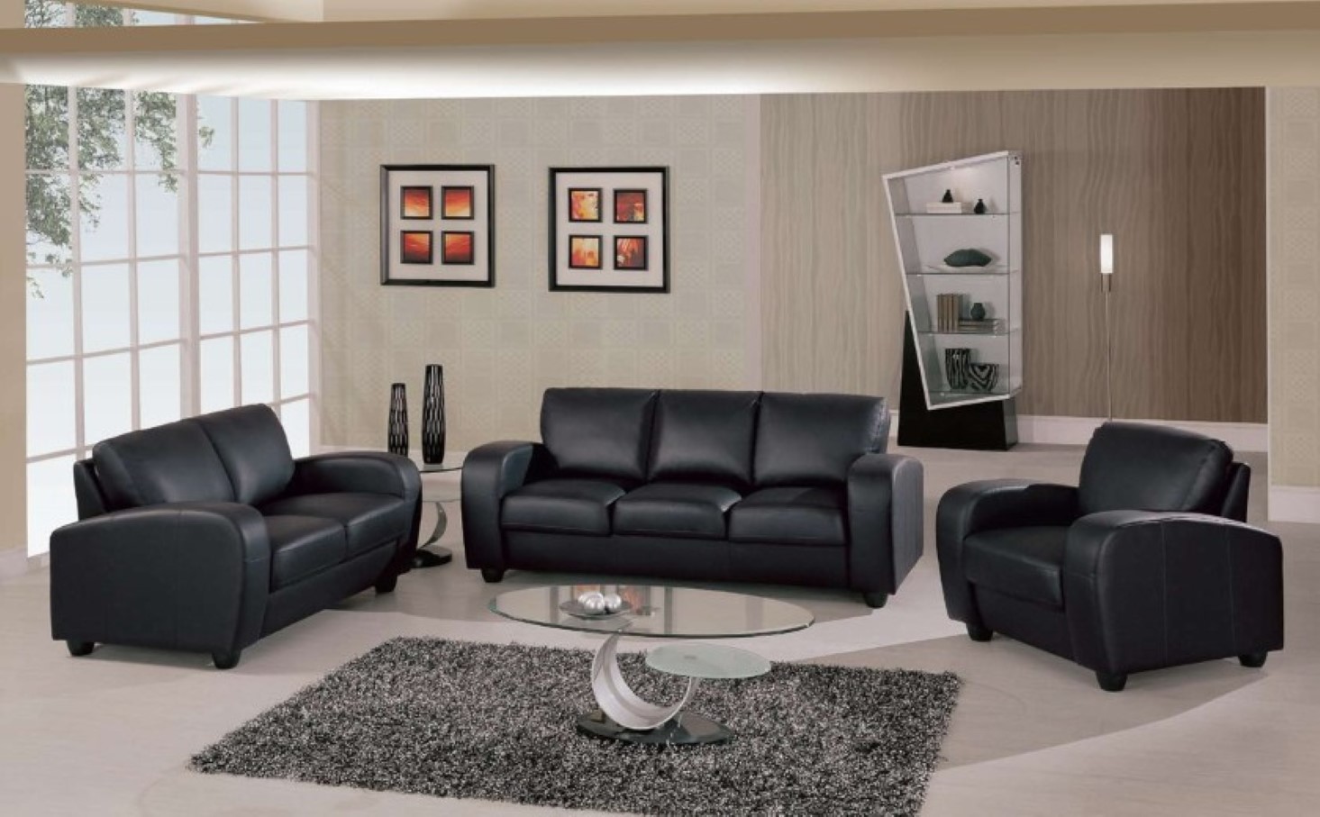 Oval Glass And Unusual Oval Glass Coffee Table And Living Room Shelf Design Plus Fabulous Black Leather Sofa Feat Fluffy Area Rug Furniture  Choosing Black Leather Sofas For Striking Living Room Feature 