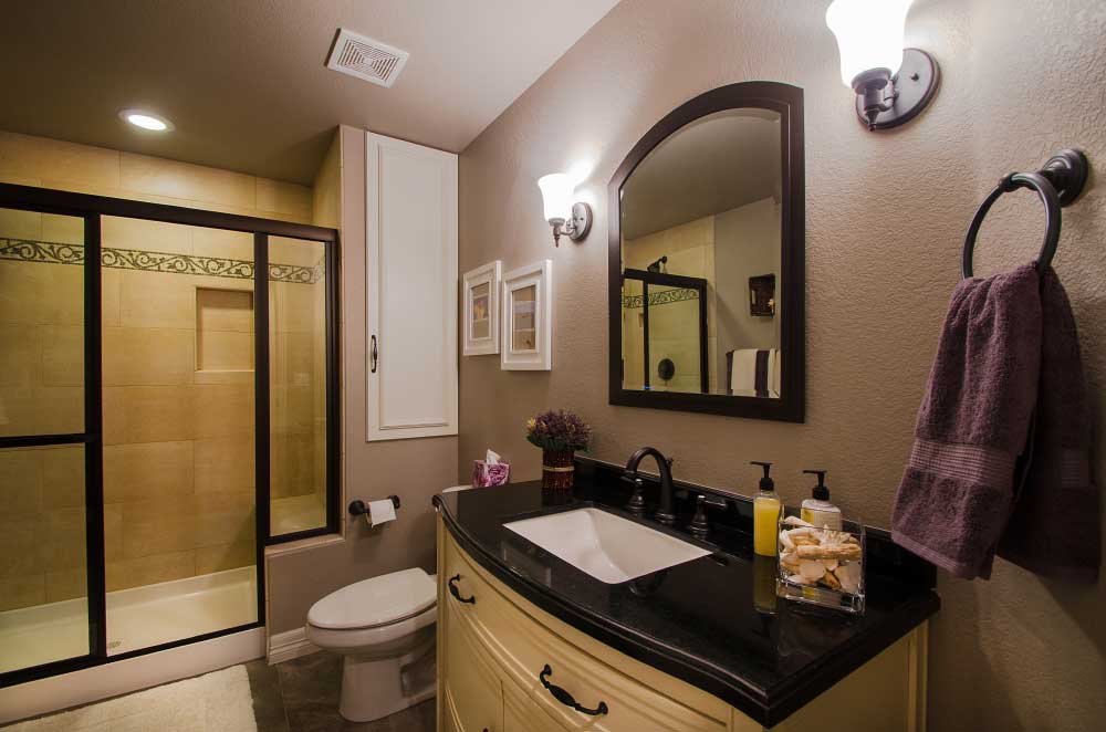 Under Mirror Lamp Vanity Under Mirror Between Wall Lamp In Basement Bathroom Ideas With Walk In Shower Basement Basement Bathroom Ideas With Spacious Room Designs