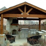 Wooden Gazebo Contemporary Vaulted Wooden Gazebo Design Feats Contemporary Outdoor Kitchen With Stone Fireplace Idea And Cozy Wicker Armchairs Kitchen Outdoor Kitchen Design For A Wonderful Patio