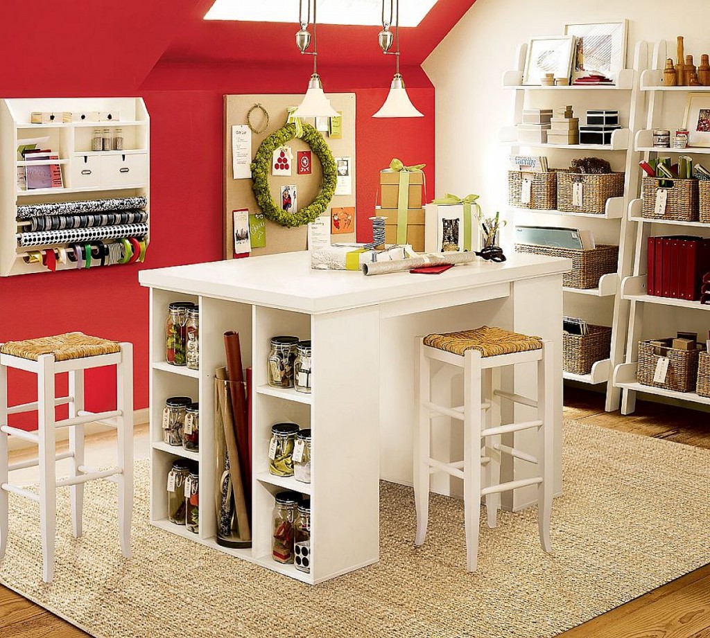 Red And Also Vibrant Red And White Wall Also Smart Small Desk With Storage Unit Plus Alluring Home Decorating Idea With Wreath Decoration Lovely Modern Home With Stylish And Colorful Furniture