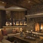 Of A Living View Of A Sophisticated Rustic Living Room With Wooden Coffee Table Stone Walls Couches With Pillows And Guitar Shelves Living Room Majestic Rustic Living Room With Delicate Beauty