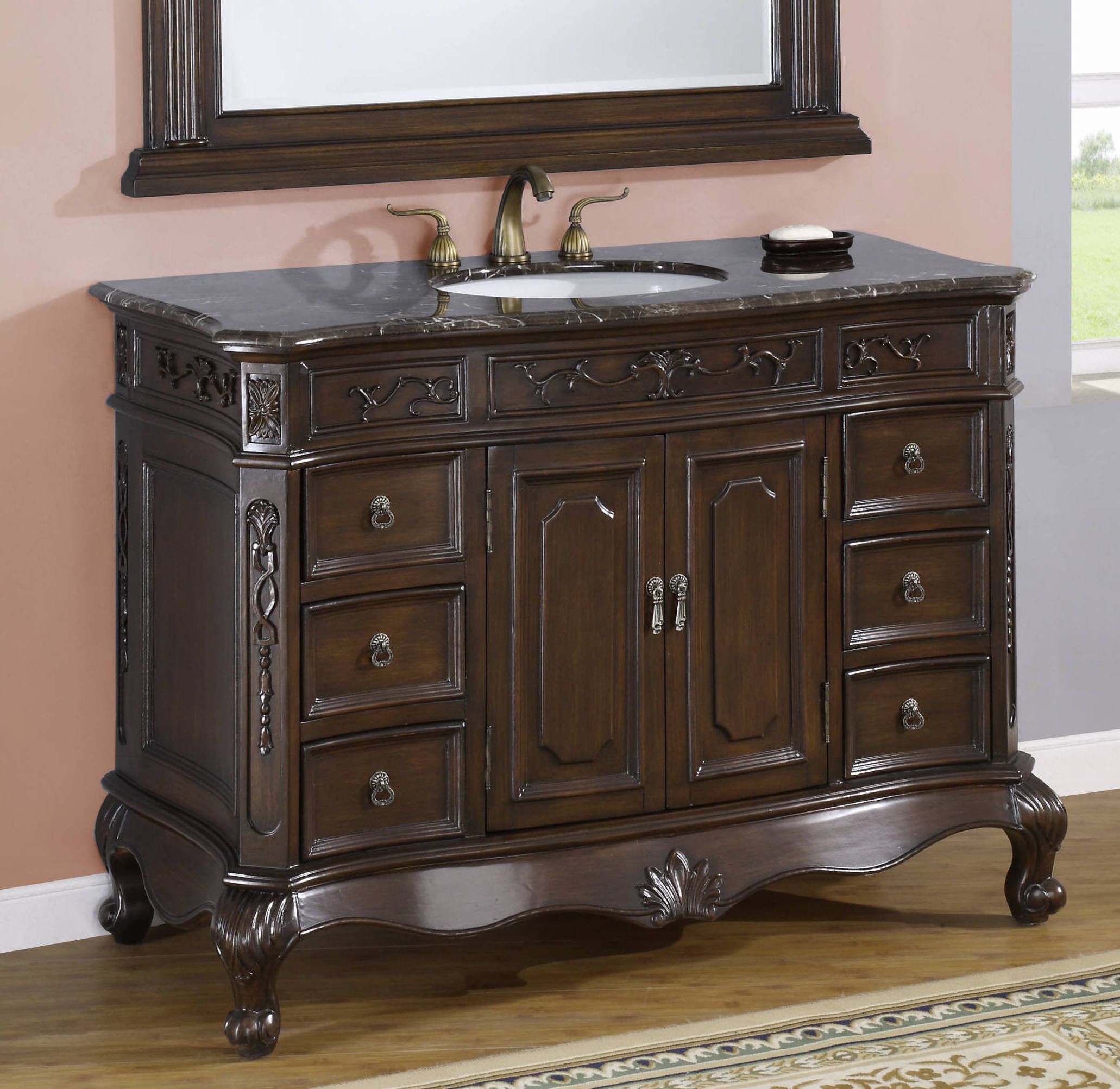 Carving On Bathroom Vintage Carving On Solid Oak Bathroom Vanity Cabinets With Metal Knobs And Granite Top Bathroom Beautiful Bathroom Vanity Cabinets For Any Style Of Decoration