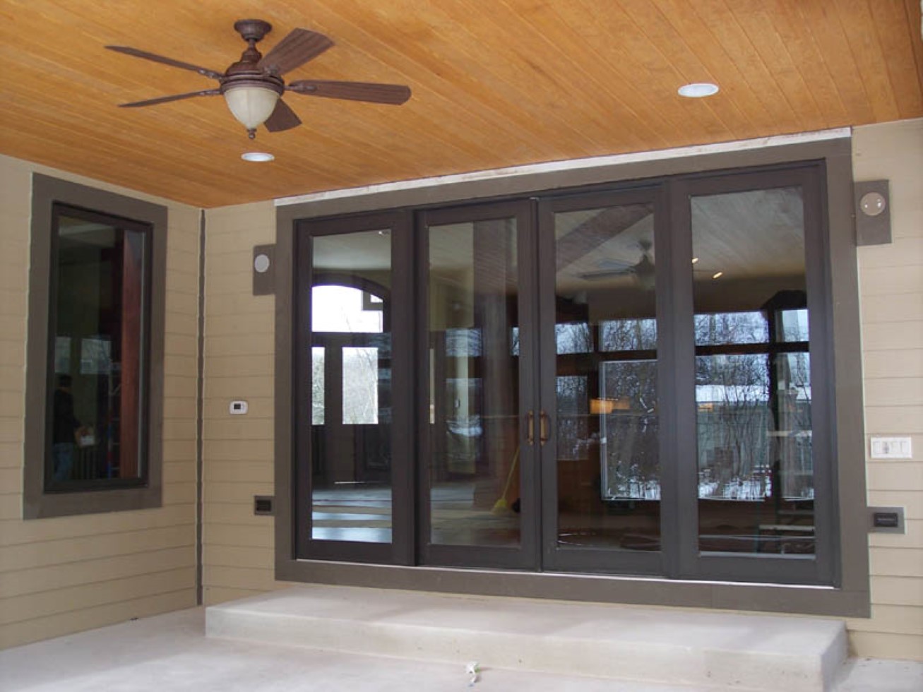 Hidden Lamp Fan White Hidden Lamp And Ceiling Fan Lighting In Modest Front Porch With Dashing Exterior Sliding Door Exterior Appealing Exterior Sliding Door Designs To Perfect Your Home