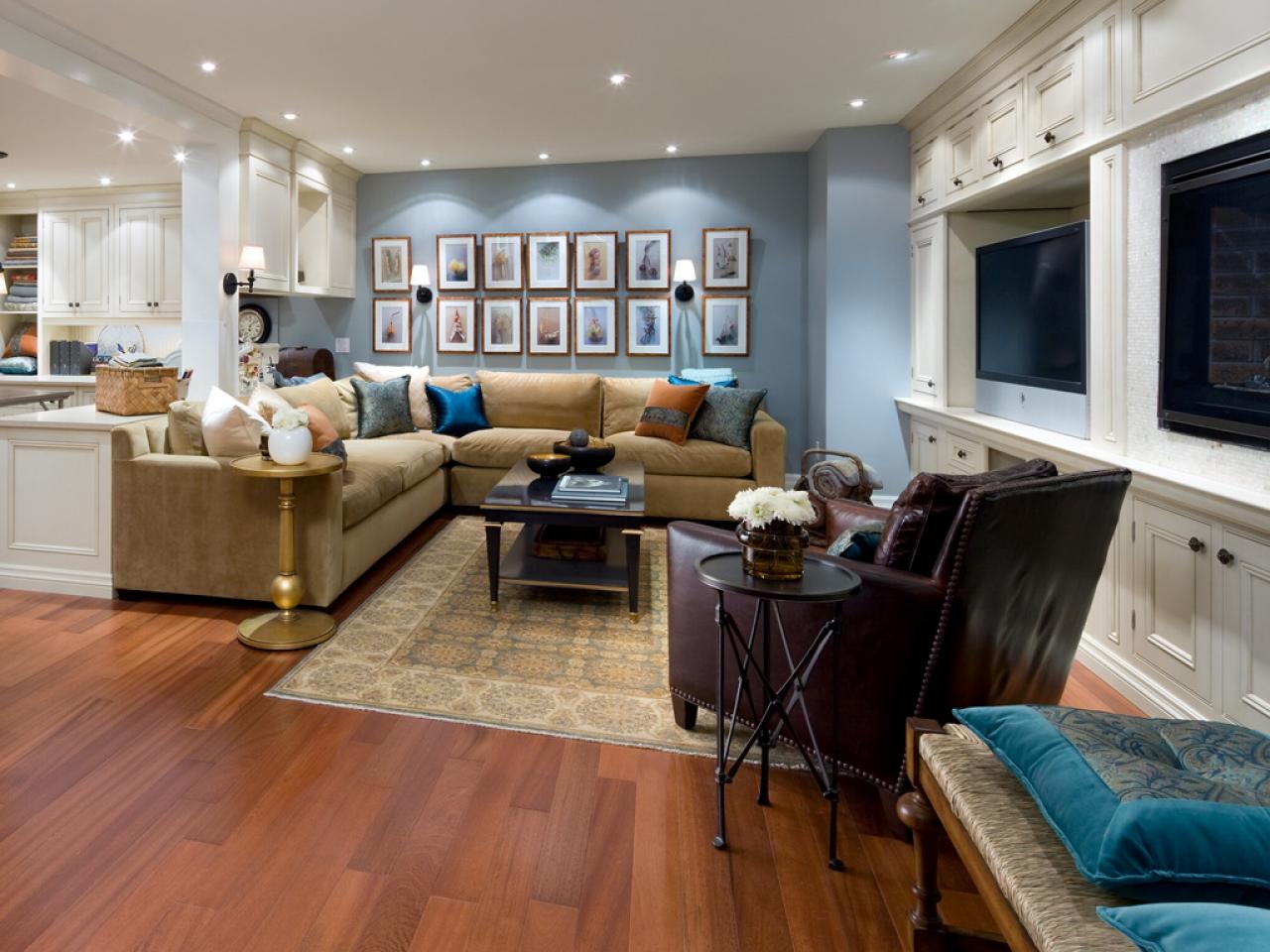 Finishing Ideas Wooden Wonderful Basement Finishing Ideas Decorated With Wooden Flooring And Blue Wall Accent Color And Cream Fabric Sofa Finished In Traditional Style Basement Basement Finishing Ideas Leading To Stunning Results
