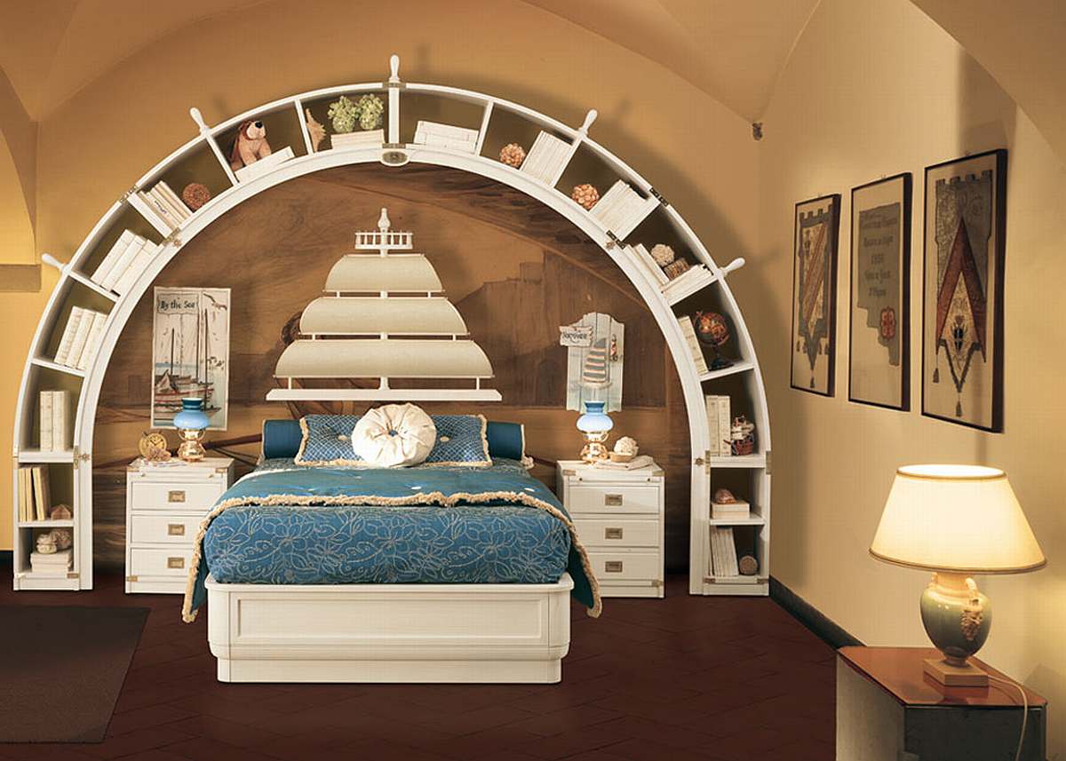 Children Bedroom Sail Wonderful Children Bedroom Furniture Featured Sail Shaped Headboard Also Curved Wall Bookcase Design Plus Unique Table Lamps Bedroom Kids Bedroom Furniture Ideas In Smart Placement
