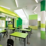Clasroom Applying Color Wonderful Classroom Applying Green Room Color Of Interior Design School With Desk Completed With Black Chairs Also Furnished With Ceiling Fan And Lighting Interior Design 15 Captivating Interior Design Schools With Vibrant And Colorful Interiors