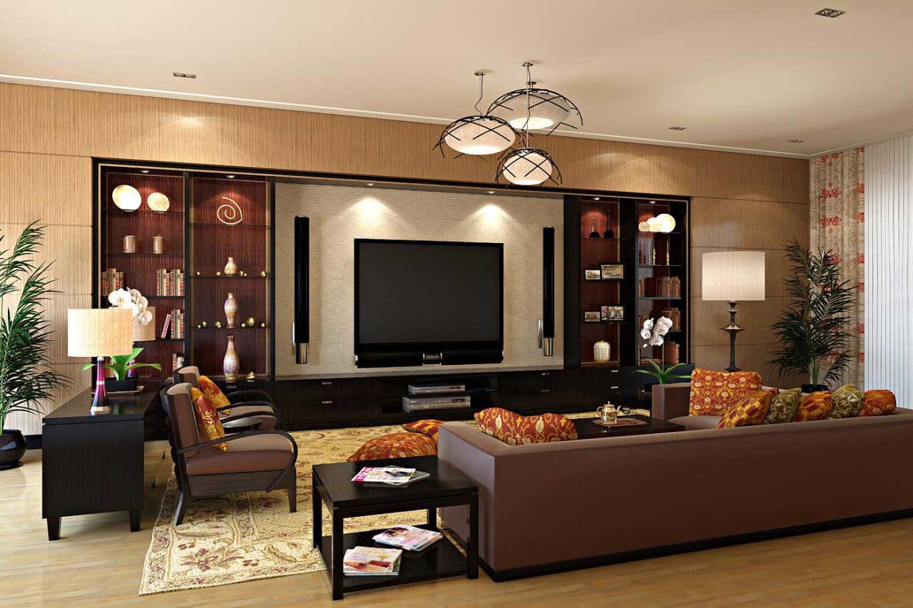 Living Room Home Wonderful Living Room Theater For Home Decorating Ideas With Modern Wall Mounted Flat TV Design And Classy Chocolate Colored Sofa Sets Idea Also Creative Pendant Lamps Living Room 20 Stylish Living Room Theater For The Beautiful Media Rooms