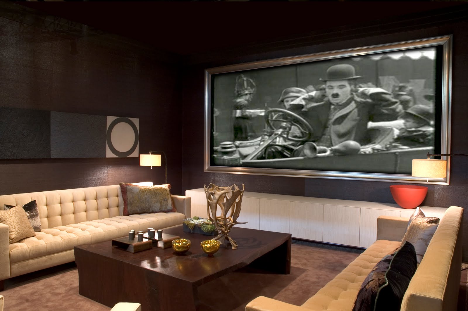 Media Room Two Wonderful Media Room Ideas With Two Couches Coffee Table Wooden Walls And Big Flat Screened TV Decoration Decorative Media Room Ideas In Contemporary Design