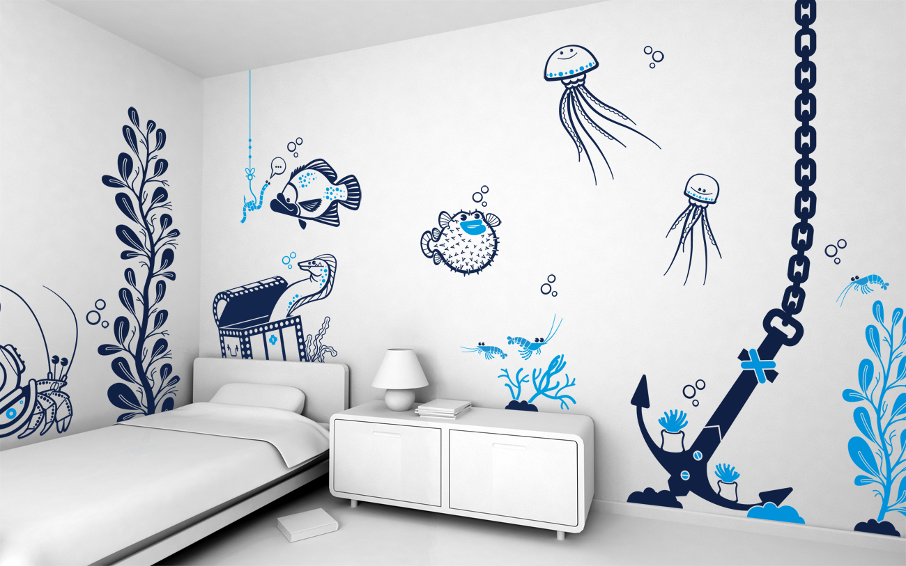Modern Bedroom Underwater Wonderful Modern Bedroom Applying Animated Underwater Kids Room Paint Ideas In Blue And White Color Furnished With Single Bed And Completed With Night Lamp On Nightstand Kids Room Colorful And Pattern Kids Room Paint Ideas