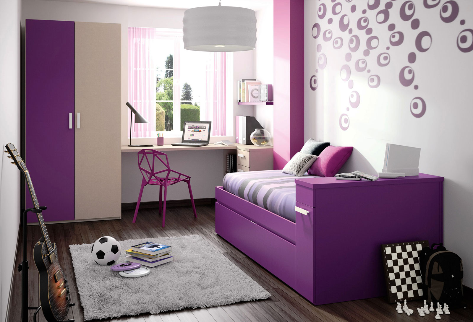 Modern Interior And Wonderful Modern Interior In White And Purple Of Cute Bedroom Ideas With Pendant Lamp Furnished With Single Bed And Soft Rug Completed With Desk And Cabinet Bedroom Cute Bedroom Ideas For Enhancing House Interior