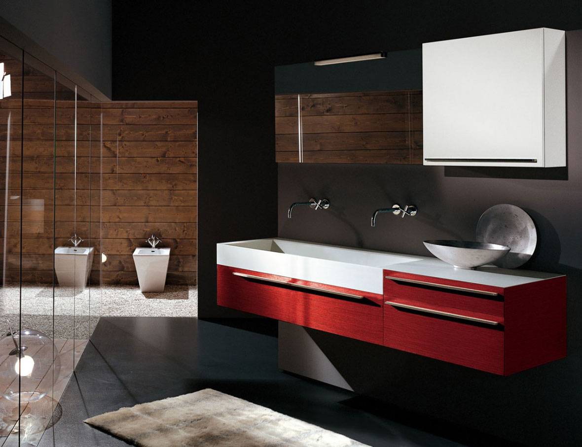 Red Wall Vanity Wonderful Red Wall Mount Bathroom Vanity Cabinets With White Rectangle Vessel Sink Design Plus Cabinets And Black Wall Paint As Well As Freestanding Bidet Also Large Mirror Bathroom 15 Bathroom Vanity Cabinets For Your Captivating Home