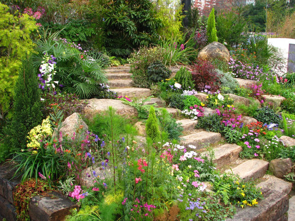 Rock Garden Feat Wonderful Rock Garden With Stairs Feat Admirable Mismatching Flowers And Little Plants Also Grasses Garden  Awesome Gardens From Rock Garden Ideas 
