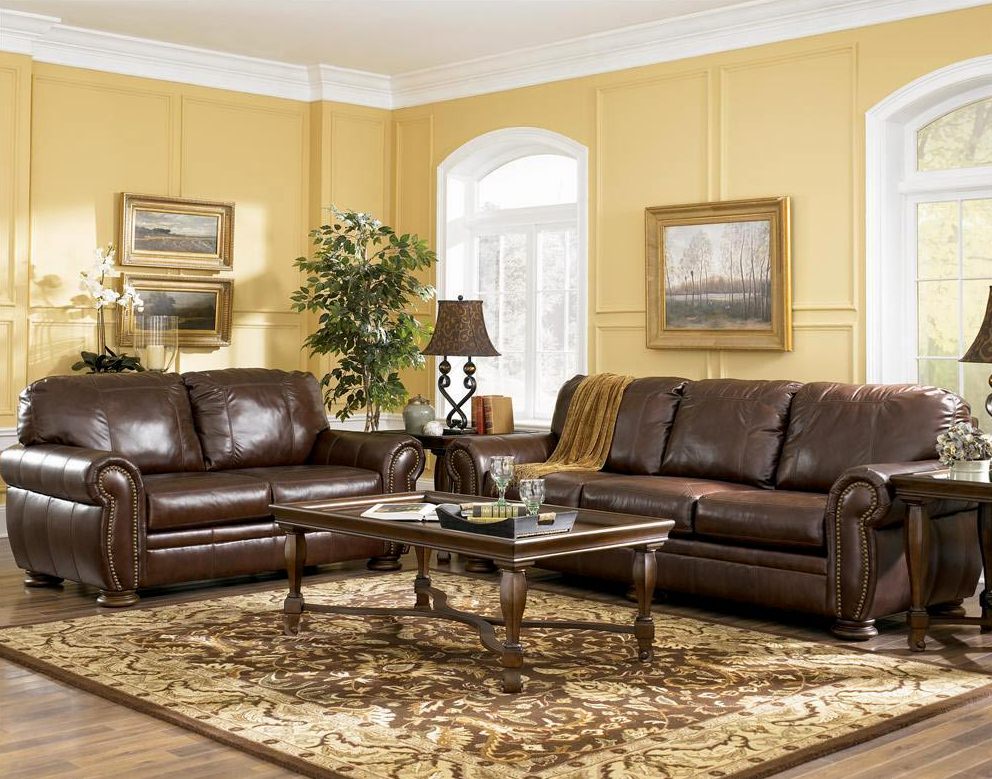Living Room Plus Yellow Living Room Wall Idea Plus Traditional Brown Leather Sofa And Rectangular Coffee Table Feat Elegant Indoor Rug Furniture  Rediscovering The Elegancy By 10 Brown Leather Sofas 