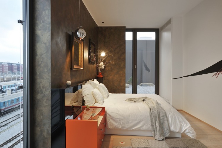 Contemporary Residence Bed Adorable Contemporary Residence Providing White Bed And Orange Bedside Table Under Glossy Nightlight In Sweet Bedroom Interior Design  Wood Interior Style Representing Stylish Interior Modification 