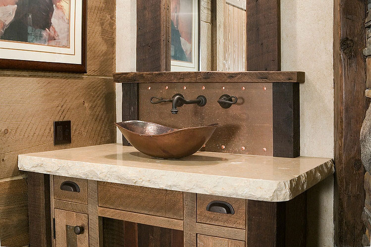 Brown Sink Vanity Classic Brown Sink And Wooden Vanity In The Ski Slope High Camp Home Powder Room With Wooden Wall House Designs  Mountain Home Design: The Ski Slope 