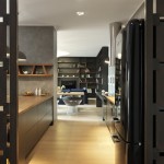 Wall Partition Residence Precious Wall Partition In Contemporary Residence Bordering Bedroom And Kitchen With Compact Dark Cabinet And Kitchen Island Interior Design  Wood Interior Style Representing Stylish Interior Modification 
