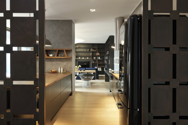 Wall Partition Residence Precious Wall Partition In Contemporary Residence Bordering Bedroom And Kitchen With Compact Dark Cabinet And Kitchen Island Interior Design  Wood Interior Style Representing Stylish Interior Modification 