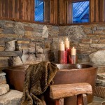 Brown Tub Stool Rustic Brown Tub And Wooden Stool In The Ski Slope High Camp Home Bathroom With Stone Wall House Designs  Mountain Home Design: The Ski Slope 