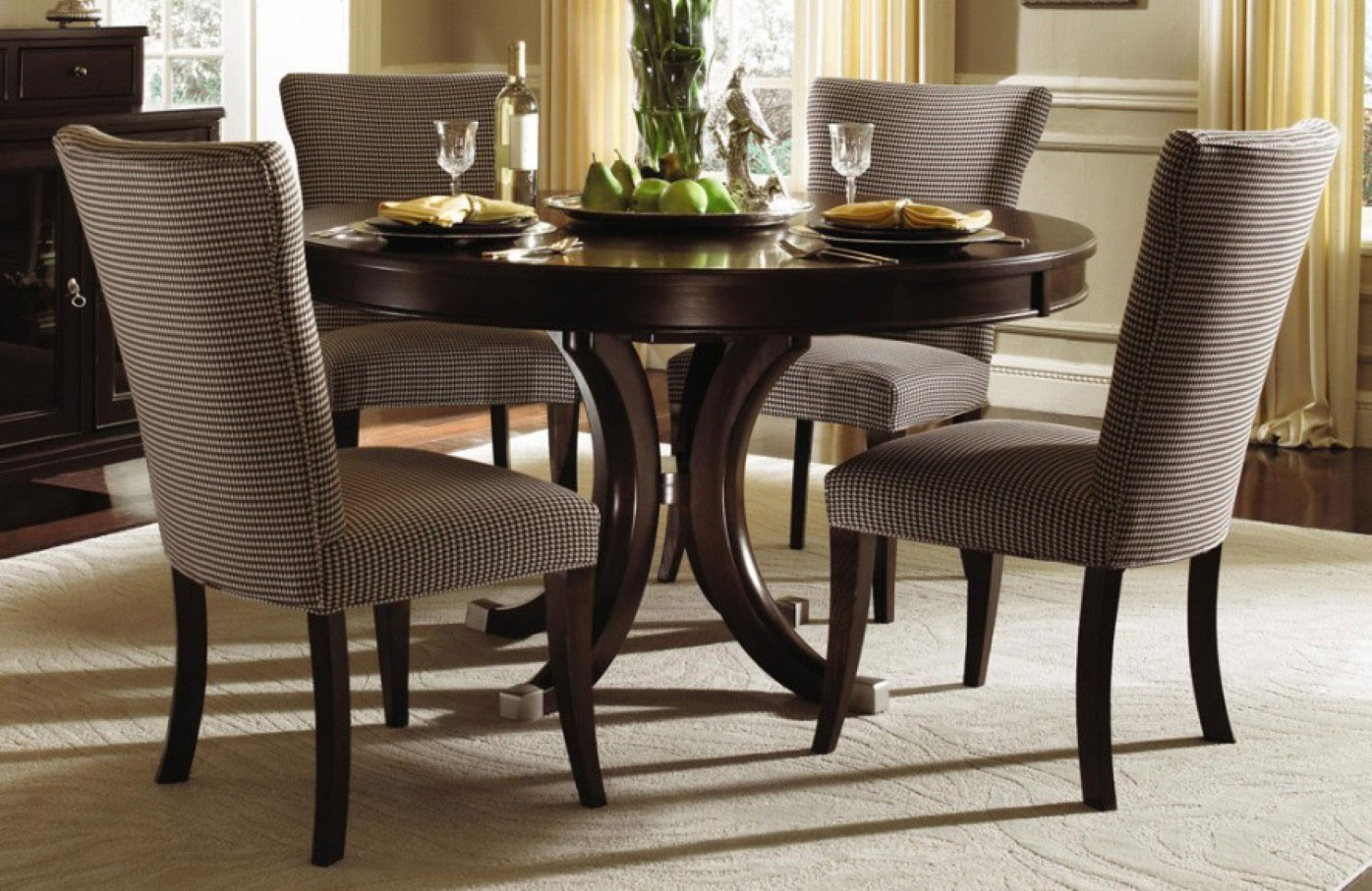 Round Dining Curved Cool Round Dining Table With Curved Wood Legs And Cozy Gray Upholstered Chairs Plus Large Area Rug Idea Dining Room  Round Dining Tables Creating Eternal Relationship With Your Family 