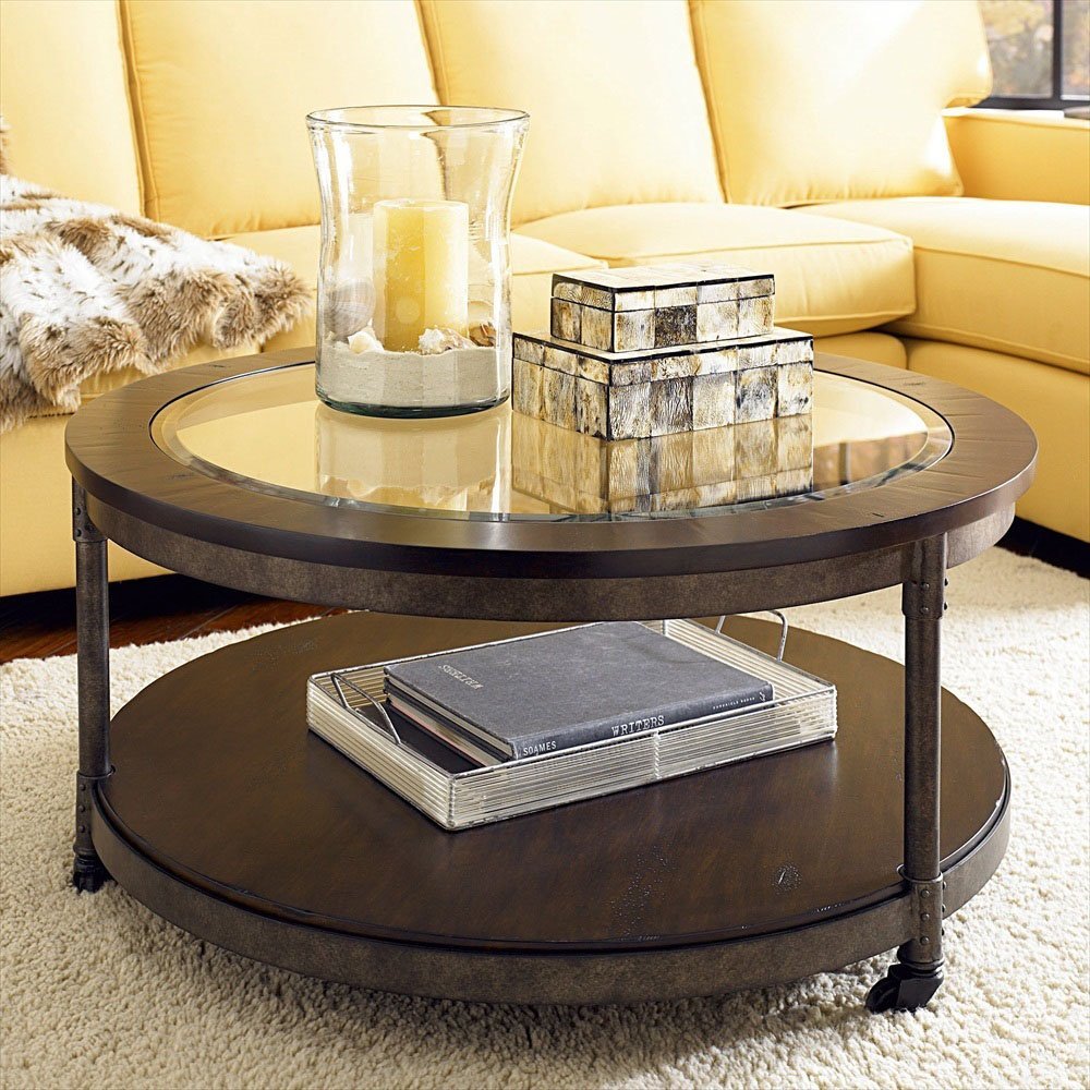 Round Portable With Cool Round Portable Coffee Table With Glass Top And Bookshelf Below Feat Sectional Yellow Sofa Living Room Design  Free And Relaxing To Gather Round The Coffee Table 