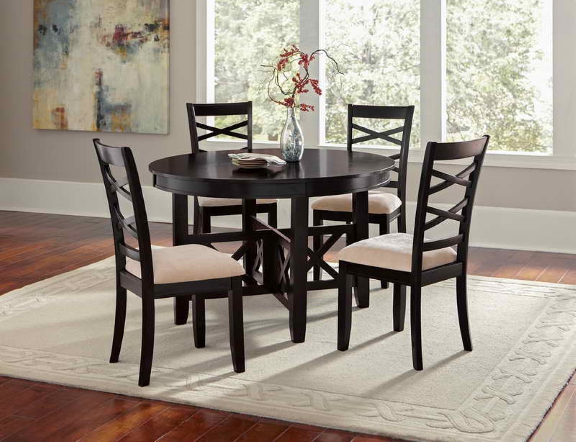 Round Black Set Gothic Round Black Dining Table Set On Neutral Cream Oriental Rug Designed In Front Of French Window Idea Dining Room Bright Modern Dining Room With Beautiful Rugs Furniture