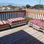 Deck And Fence Rooftop Deck And Contemporary Wood Fence Design Plus Awesome Pallet Bench With Red Cushions Outdoor  Bringing Natural Texture With Wood Fence Design 