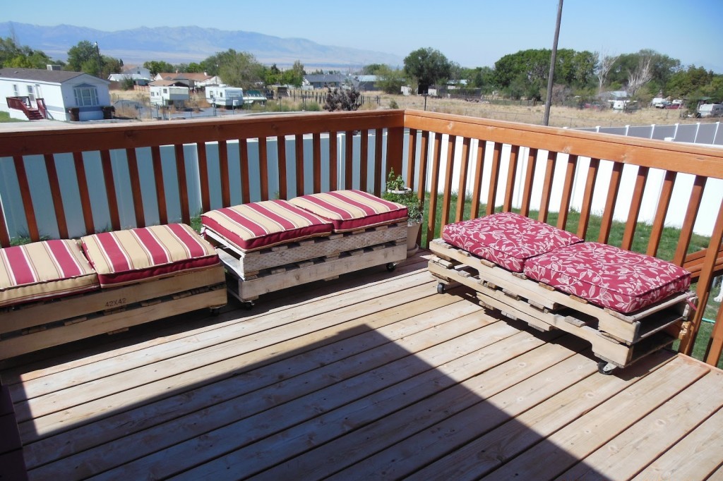 Deck And Fence Rooftop Deck And Contemporary Wood Fence Design Plus Awesome Pallet Bench With Red Cushions Outdoor  Bringing Natural Texture With Wood Fence Design 