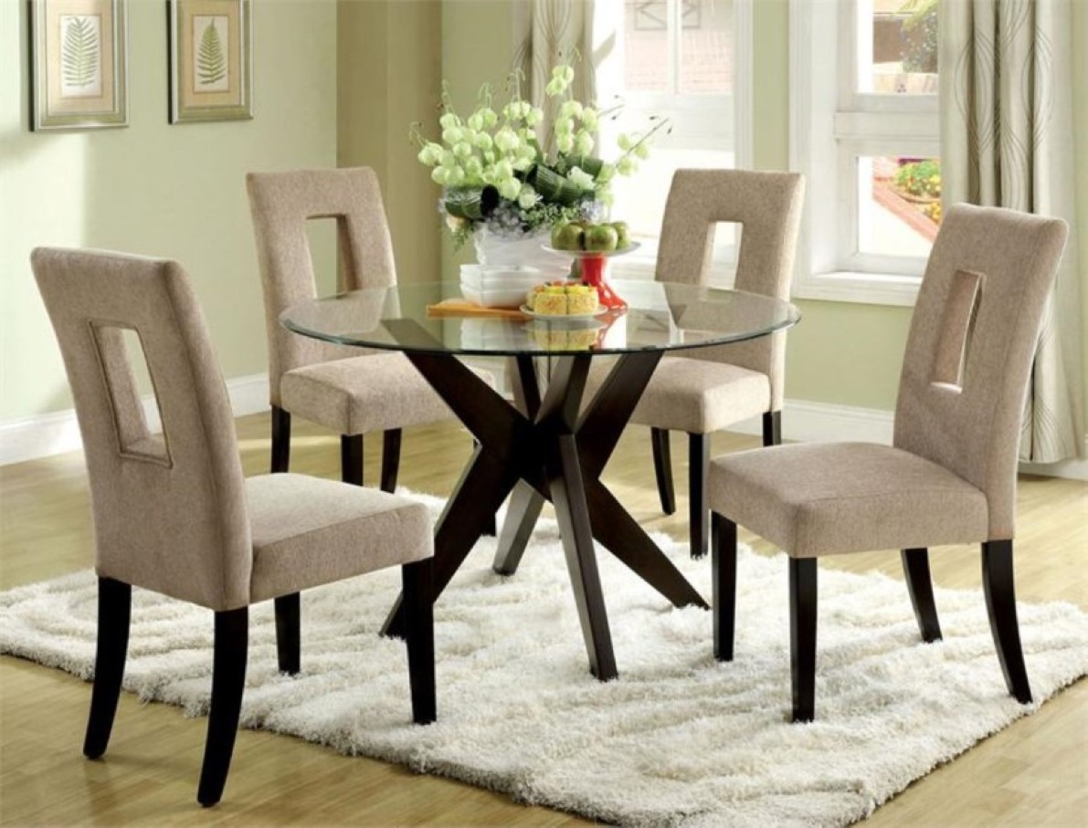Upholstered Chairs Shag Stylish Upholstered Chairs Also White Shag Rug Plus Modern Round Dining Table With Glass Top And Black Wooden Legs  Round Dining Tables Creating Eternal Relationship With Your Family 