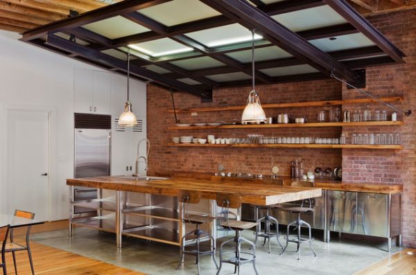 Industrial Kitchen With Attractive Industrial Kitchen Design Furnished With Wooden Kitchen Bar Also Stools On Grey Rug Covering Wooden Floor Also Pendant Lamps On Ceiling Kitchen Kitchen Fixture Ideas Showing The Cooking Area Character