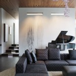 Living Room Black Captivating Living Room Furnished With Black Sofas Also Squar Table With Modern Lighting System On Wooden Ceiling Also Grand Piano At Room Corner Living Room  Modern Wall Lighting To Complete Your Cozy Living Room 