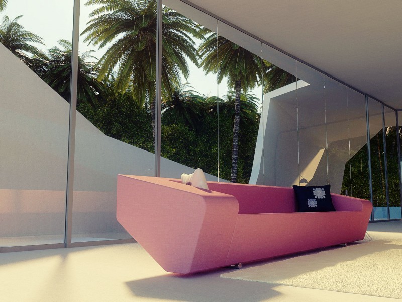 Interior Furniture Wave Contemporary Interior Furniture At The Wave Beach House Show Pink Geaometrical Sofa Nearby The Glass Wall With Sunlight Architecture  Modern Home Architecture With Futuristic Design 