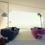 Pink And Sofa Fancy Pink And Grey Geometrical Sofa At The Wave Beach House Living Space With Arch Lamp And Small Artworks Beside Them Architecture  Modern Home Architecture With Futuristic Design 