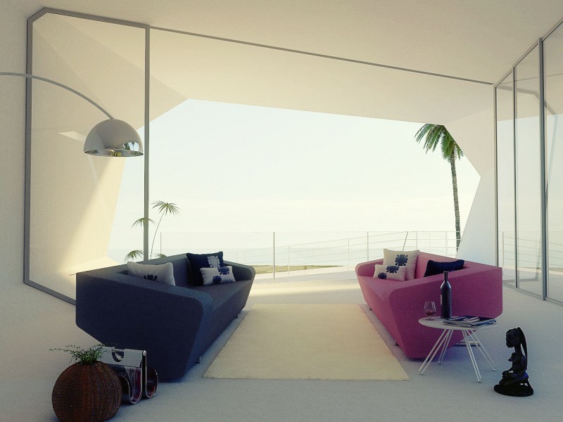 Pink And Sofa Fancy Pink And Grey Geometrical Sofa At The Wave Beach House Living Space With Arch Lamp And Small Artworks Beside Them Architecture  Modern Home Architecture With Futuristic Design 