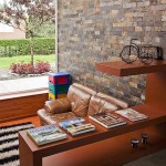 Brown Sofa Shelf Interesting Brown Sofa And Wooden Shelf In Olaya House David Ramirez Siting Space With Stone Wall Decoration Fascinating And Modern Living Space Design: The Olay House