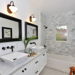 White Bathroom Wall Stylish White Bathroom With Tiled Wall Surrounding Tub And Marble Countertop For White Floating Vanity Combined With White And Black Accents Architecture House Remodel Transformed From Classic Bungalow