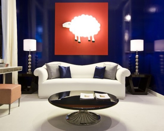 Modern Room Blue Ultra Modern Room In Glossy Blue And White Accents Featured With Funny Sheep Lighting And Elegant Table Lamps Living Room Amazing Lighting Design For Fascinating Living Room