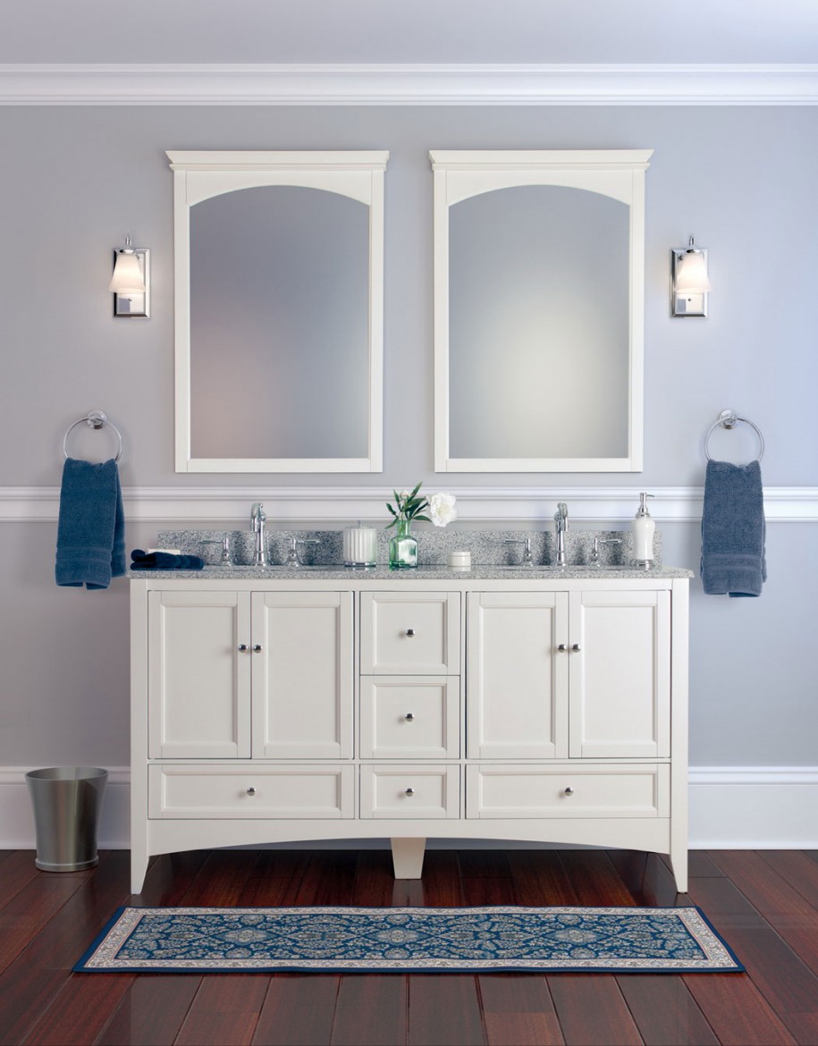 Bathroom Vanity Paint Amazing Bathroom Vanity With White Paint Color Feat Frosted Mirror Idea And Blue Area Rug Design Bathroom Elegant Contemporary Bathroom With Chic Cabinet Ideas