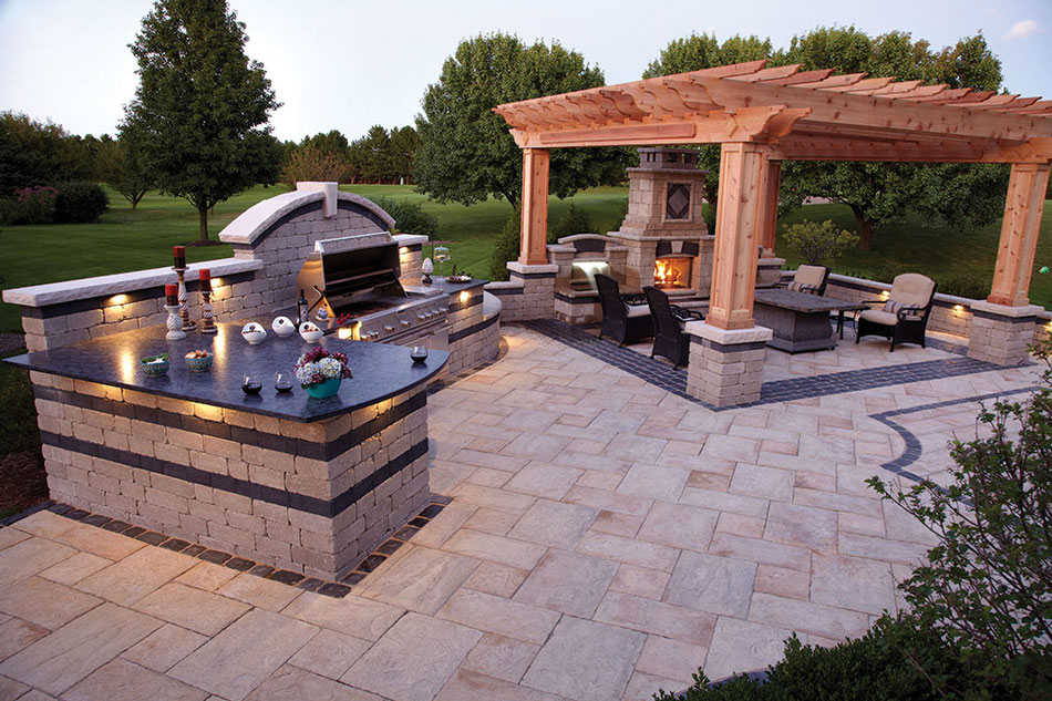 Outdoor Kitchen Stone Amazing Outdoor Kitchen Plan With Stone Fireplace Plus Wooden Pergola Design Feat Modern Sitting Area Idea Kitchen  Awesome Plans To Design Outdoor Kitchen 