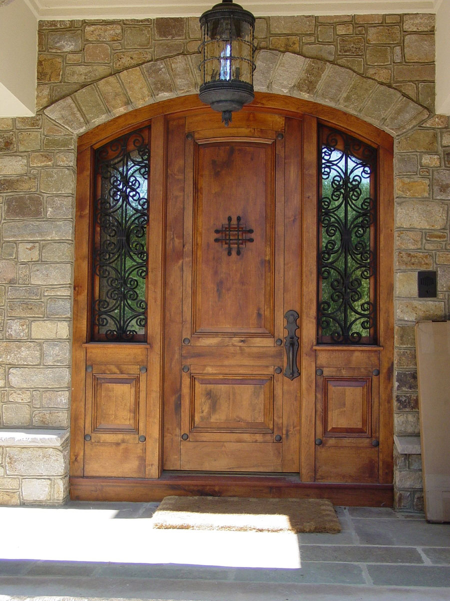 Wood Front With Amazing Wood Front Entry Door With Twin Sidelights And Wrought Iron Decoration Plus Unique Outdoor Pendant Light Exterior  Astonishing Front Entry Door For Your Façade 