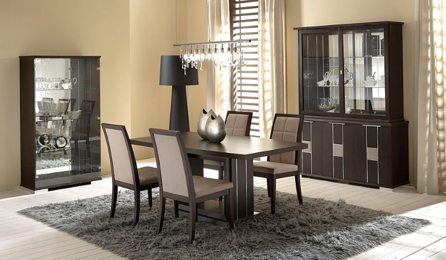 Gray Area Feat Awesome Gray Area Rug Design Feat Modern Dining Set With Leather Chairs Plus Mirrored Cabinet Door Idea Dining Room  Delivering The Meaning Togetherness By Enthralling Modern Dining Sets 